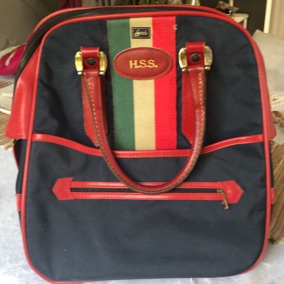 Vintage Lark Nylon and leather travel bag. Stripe trim. - Picture 1 of 10